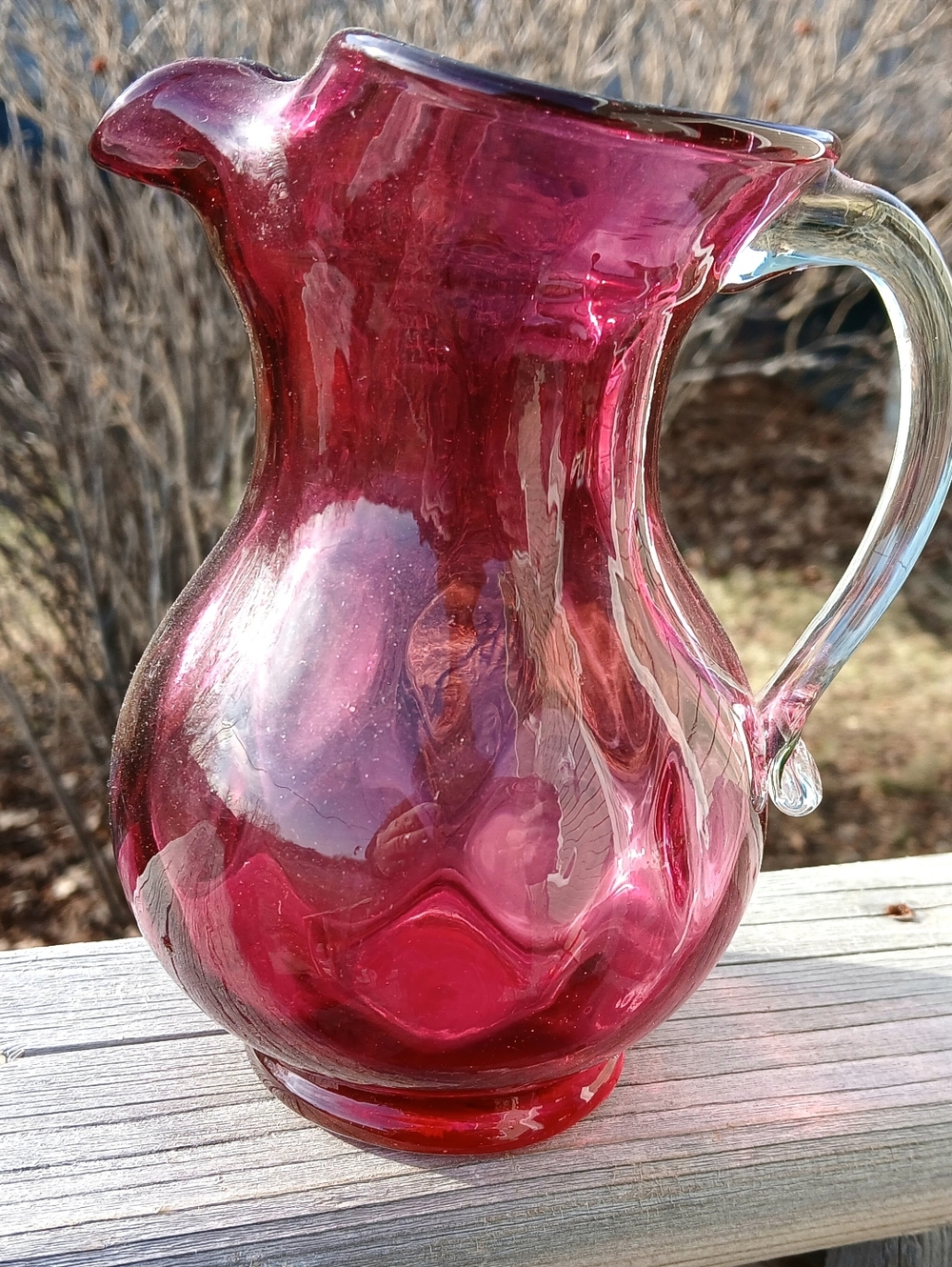 Vintage Cranberry Glass Small Pitcher with Clear Handle